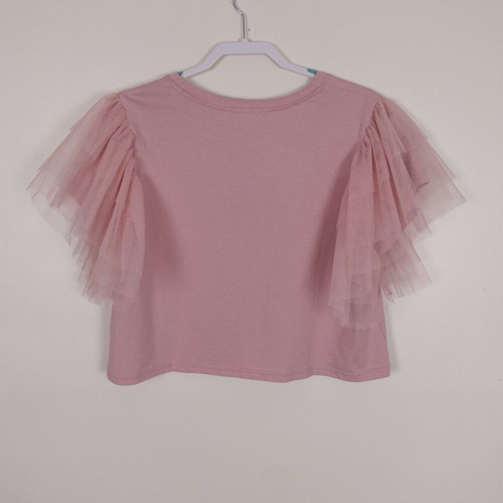 NWT Le Lis Pink Tulle Ruffle Sleeve Boxy T Shirt Size L Whimsical Fairy Coquette - Picture 3 of 8